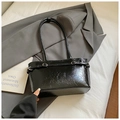 Chic black crinkled patent leather shoulder bag with silver ring detail and slim straps - Black without Pendant