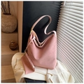 Pink frosted suede shoulder bag with matching pouch shown in elegant minimalist lighting - Tote Bag And Pouch / Pink