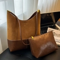 Brown suede tote and pouch set, large bucket bag with gold hardware for autumn and winter - Brown