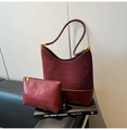 Burgundy red tote set with suede stitching and matching zipper pouch for daily commuting - Burgundy