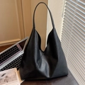 Minimalist large black leather tote bag with vintage texture for work and daily use - Black