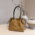 Khaki drawstring tote bag with black leather handles and high-capacity casual design - Khaki