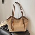 Large suede tote bag with brown leather trim and bohemian beaded pendant - With Pendant / Khaki