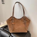 Brown faux suede tote bag with leather straps and decorative tassel charm - With Pendant / Brown