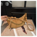 Brown faux suede crescent bag with chunky gold chain and knotted rope strap - Brown