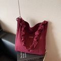 Burgundy suede tote bag with ruffled handles and minimalist retro hobo design - Burgundy
