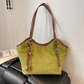 Green faux suede tote bag with brown leather straps and wooden bead charm detail - With Pendant / Green