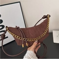 Retro dark brown suede crescent shoulder bag with a stylish chunky gold chain strap - Brown