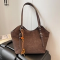 Dark brown suede tote bag with contrast beaded tassel and adjustable handles - With Pendant / Coffee