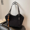 Large black matte faux suede tote bag with shoulder straps and beaded tassel pendant - With Pendant / Black