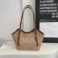 Minimalist large khaki tote bag with dark brown trim and silver buckle details for women - Without Pendant / Khaki