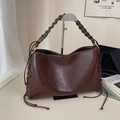 Retro dark brown woven strap shoulder bag with gold ring and soft leather texture - Brown