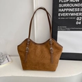 Classic brown suede tote bag featuring silver hardware and retro minimalist design - Without Pendant / Brown