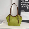 Retro grass green faux suede tote bag with adjustable dark brown leather straps - Without Pendant / Green
