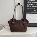 Large dark brown suede tote bag with leather straps and silver buckle detail - Without Pendant / Coffee