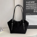 Black suede tote bag with contrast shoulder straps and silver metal buckles - Without Pendant / Black