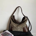Retro leopard print tote bag with brown leather trim and large capacity for daily use - Brown