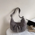 Deep grey pleated nylon hobo bag with multi-pockets and adjustable wide shoulder strap - Gray