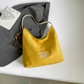 Yellow suede hobo bag with white shoulder strap and 'Nice to meet duoduo' embroidery - Yellow (With Pendant)