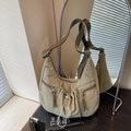 Army green pleated nylon crossbody bag with multi-zipper pockets and wide strap - Green
