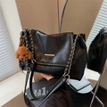 Black PU leather chain shoulder bag with cute brown plush teddy dog charm accessory - With Charm / Black