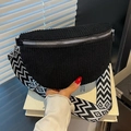 Black corduroy saddle bag with geometric patterned strap and silver metal zipper - Black