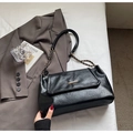Classic black wrinkled leather shoulder bag with gold chain strap and elegant metallic accent - No Pendant / Black
