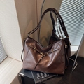 Deep brown vintage large capacity tote bag with glossy faux leather and metal buckles - Coffee