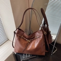 Retro dark brown large capacity faux leather tote bag with stylish metal buckle detail - Brown