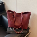 Minimalist deep red tote bag with embossed fashion text and long shoulder straps - Burgundy