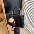 Black pebbled leather square handbag with twin handles and a cute brown teddy bear charm - With Pendant / Black