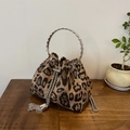 Chic leopard print bucket bag with silver ring handle and tassel chain drawstring - Khaki