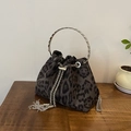 Retro leopard print drawstring bucket bag in dark grey with silver metal ring handle - Black
