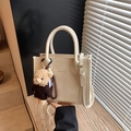 Cream vintage crossbody small square bag with cute brown bear keychain and top handle - With Pendant / White