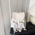 Mochila beige elegante con solapa de cuadros y decoración de lazo de encaje fino - Blanco