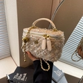Sequin tweed chain bag in gold beige with camellia charms and metal zipper - Rice White Large