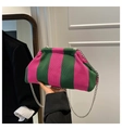 Detail of pink and green striped knit handbag with silver chain and pleated closure - Green