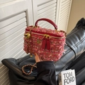 Pink and magenta tweed crossbody vanity bag with gold-tone flower charm and chain strap - Rose Red Large