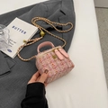 Pink tweed mini crossbody bag with gold chain strap and floral metal charm detail - Small / Pink