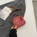 Pink tweed small box bag with gold floral accent and red leather handle for women - Small / Rose Red