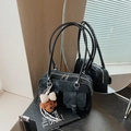 Black matte Boston shoulder bag with patent leather handles and a plush bear charm - Black (with Pendant)