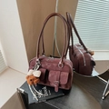 Retro burgundy boston shoulder bag with front buckle pockets and plush bear charm - Red (With Pendant)