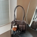 Retro dark brown suede Boston shoulder bag with dual front pockets and bear charm - Coffee (With Pendant)