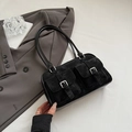 Vintage black Boston shoulder bag in suede texture with silver buckle flap pockets - Black (No Charm)