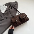 Deep brown suede Boston underarm bag with vintage buckle pockets and silver hardware - Coffee (Without Charm)