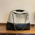 Quilted gray and black faux suede tote bag with golden lock and chain strap - Gray