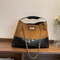 Brown and black patchwork suede tote bag with diamond quilting and chain strap - Brown