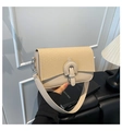 Detail of beige shoulder bag with fabric texture flap and U-shaped leather buckle clasp - Khaki