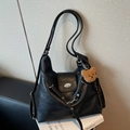 Vintage black leather tote bag with silver oval metal clasp and plush bear charm - Black with Pendant