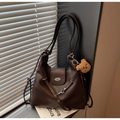 Retro dark brown leather tote bag with vintage metal plate and plush bear charm - Coffee with Pendant